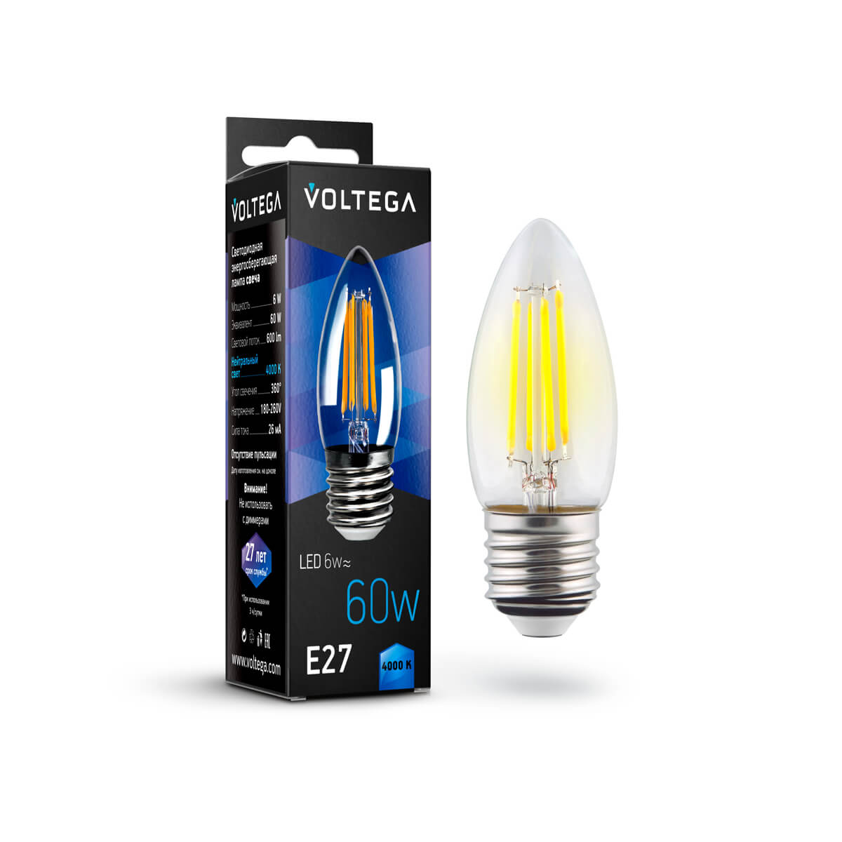 Лампа светодиодная Voltega E27 свеча 6W 4000К 7029